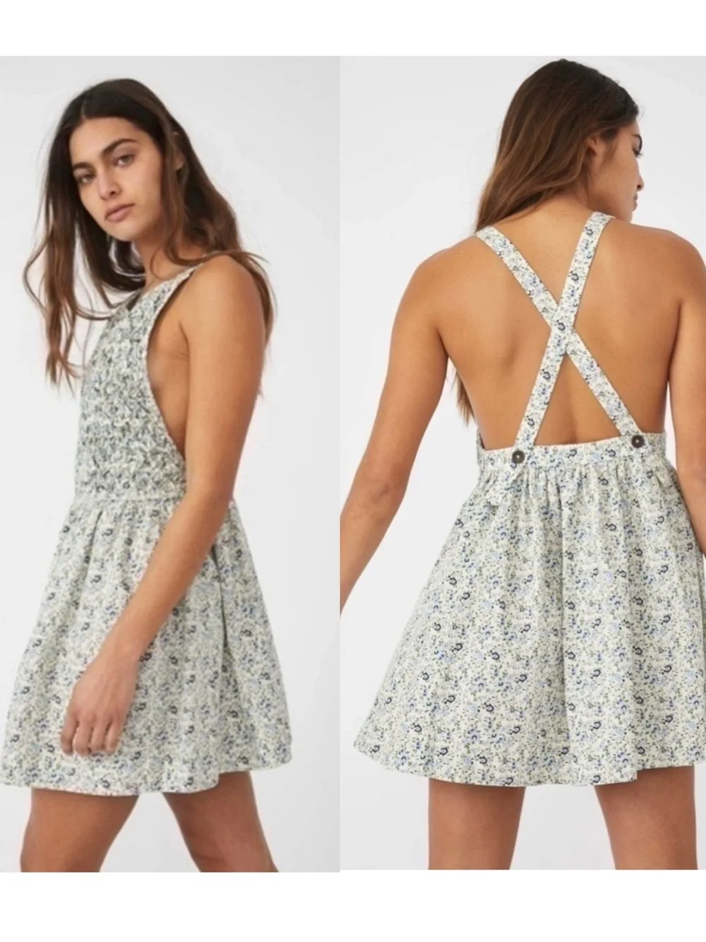 NWT Free People Petunia Mini Dress, Cream Blue Floral, Women's Medium - Picture 1 of 16